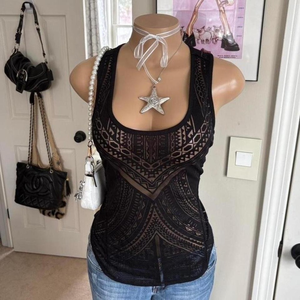 Y2K 2000s avant garde western Sheer Tribal Mesh cami Tank top